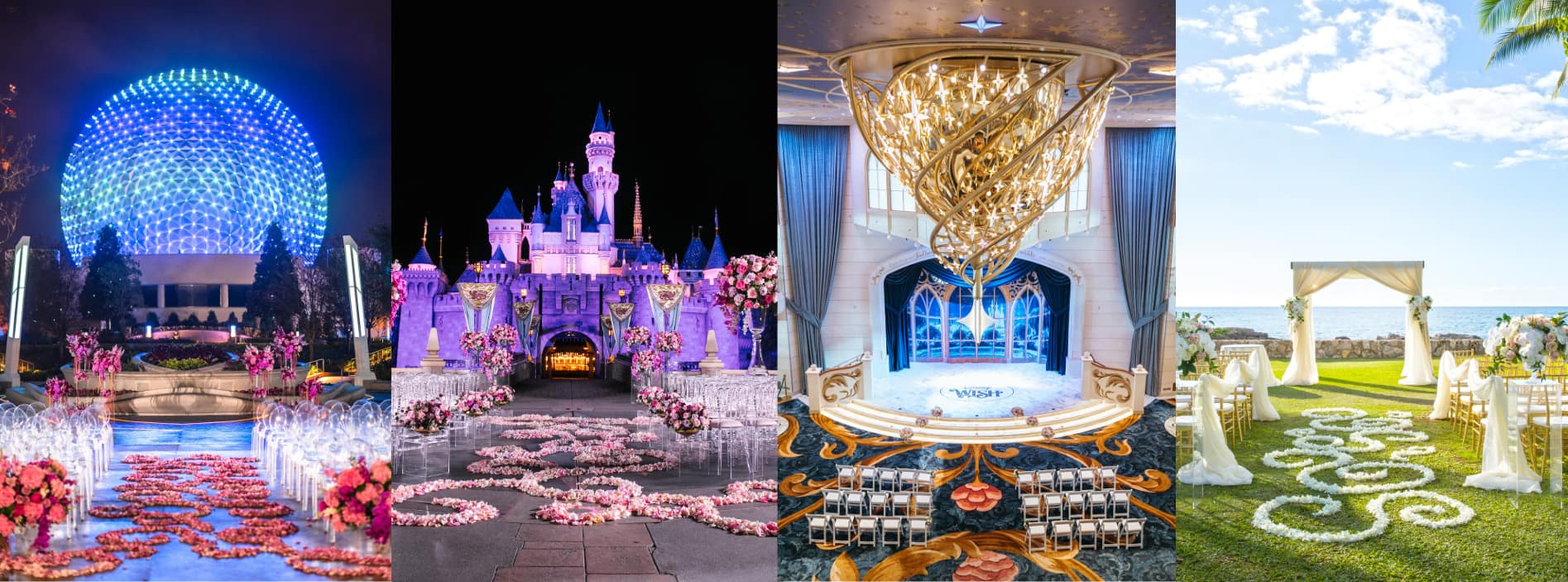 Four wedding venues at different Disney dream wedding locations including Epcot, Disneyland Resort, the Disney Wish cruise ship and Aulani Resort